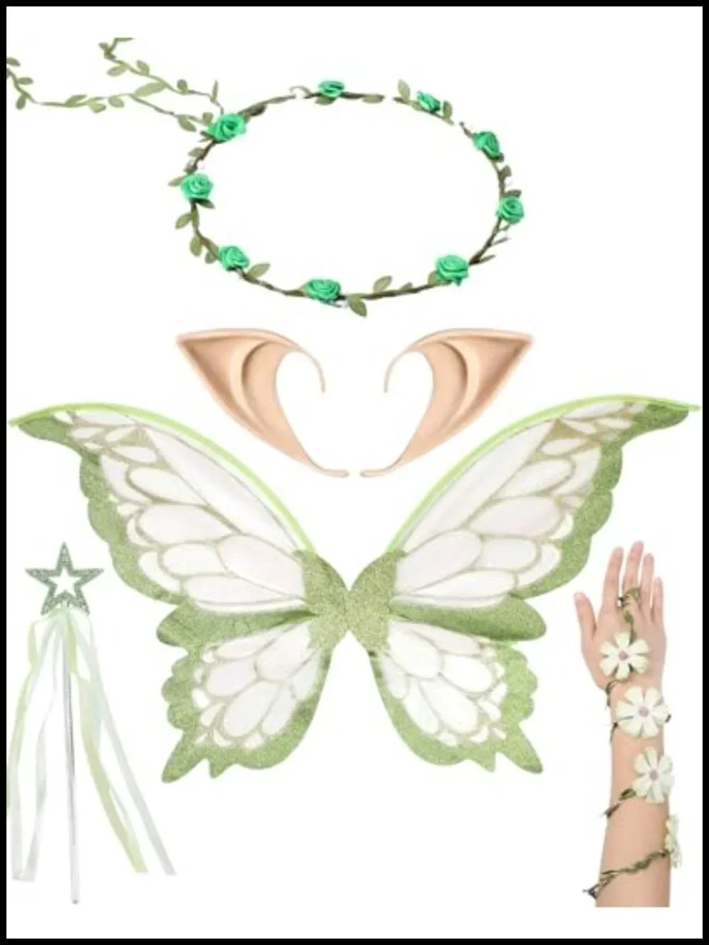 Fairy Wings Costume Set with Flower Crown Elf Ears Wand 5 PCS Organza Halloween
